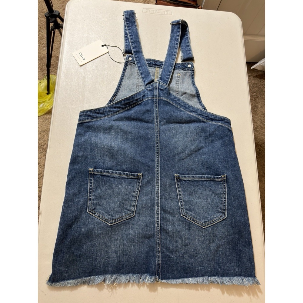 NWT Cello Distressed Jean Overall Dress Size M Fringe Frayed Skater Boho Hiphop - Picture 2 of 10